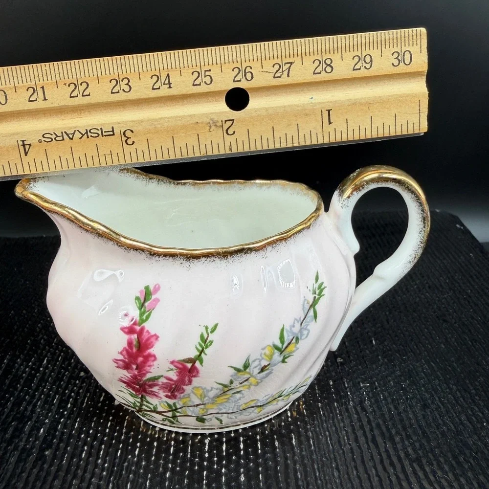 Foley EB 1850 Pink Floral Bone China Creamer Gold Trim Swirl Ribbed‎ England